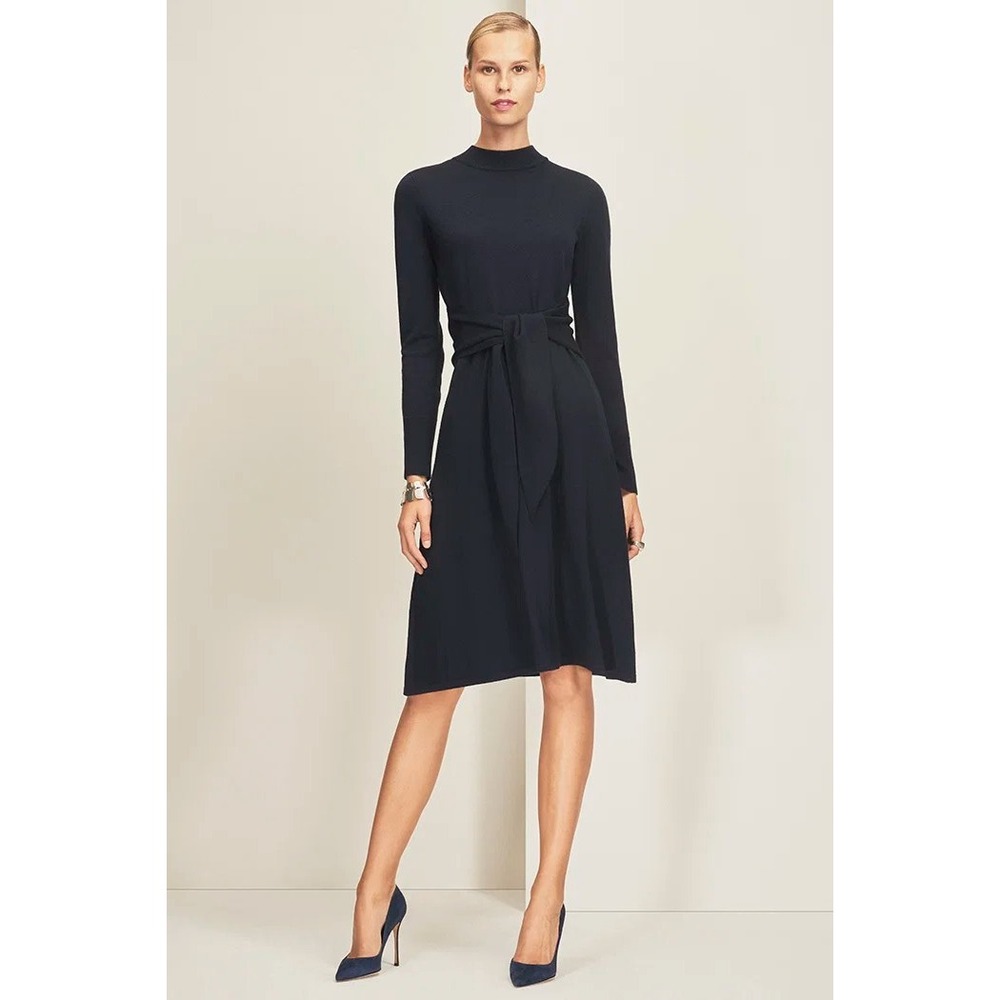 The Fold London Allerton Sweater Dress Navy Blue  Merino Wool Tie Waist Size M